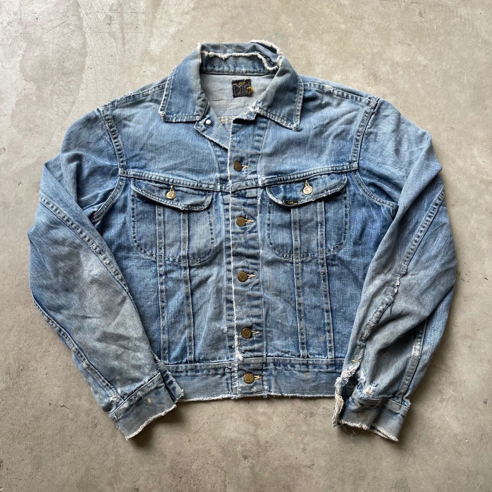 Vintage 60s Lee 101J Thrashed Denim Trucker Jacket Light Wash Blue Mens 40R